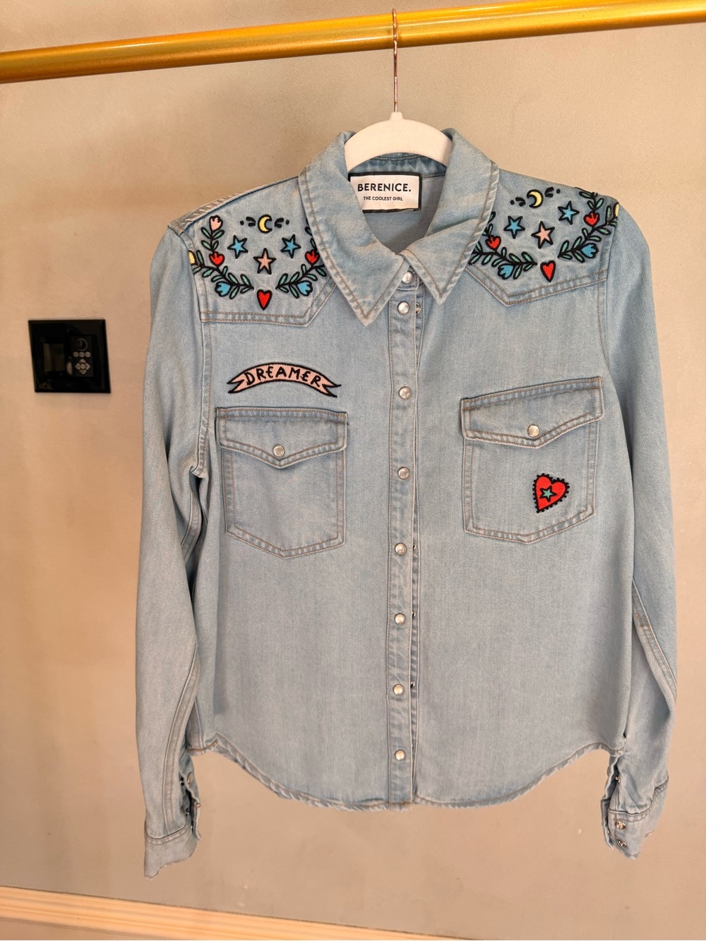 Berenice Light Blue Embroidered Denim Button-Down Shirt - Dreamer